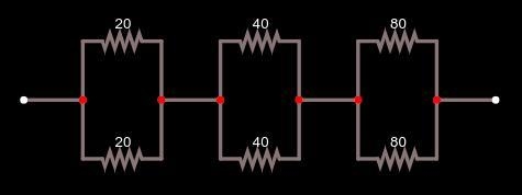 If R = 20 Ω, what is the equivalent resistance between points A and B in the figure-example-1