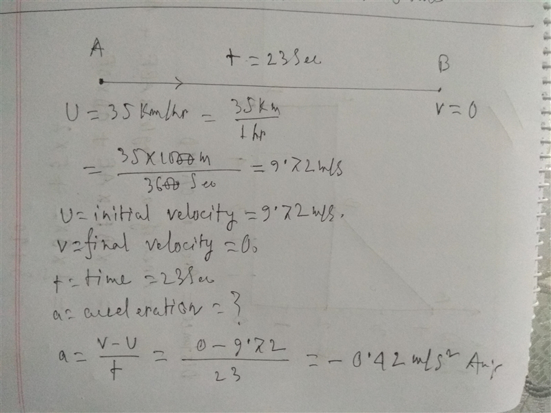 2. A car going 35 km/hr takes 23.0 s to come to a stop at the red light. What is it-example-1