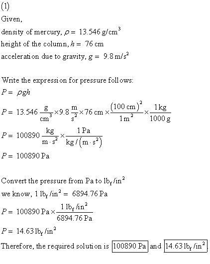 The density of mercury is 13.546 g/cm3 . Calculate the pressure exerted by a column-example-1