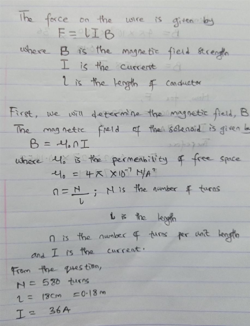A 580-turn solenoid is 18 cm long. The current in it is 36 A. A straight wire cuts-example-1