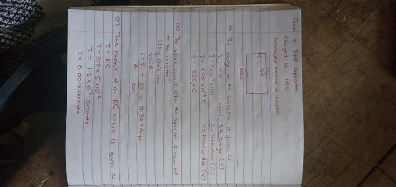 A 5-mu or micro F capacitor is charged to 110 V and is then connected across a 300-ohm-example-1