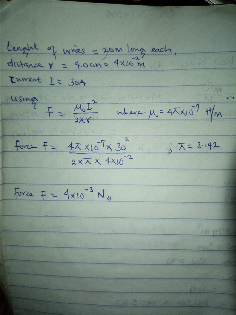 Determine the magnitude and direction of the force between two parallel wires 20m-example-2