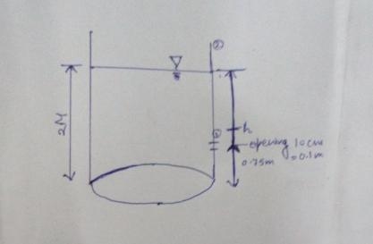 A 2 m tall, 0.5 m inside diameter tank is filled with water. A 10 cm hole is opened-example-1