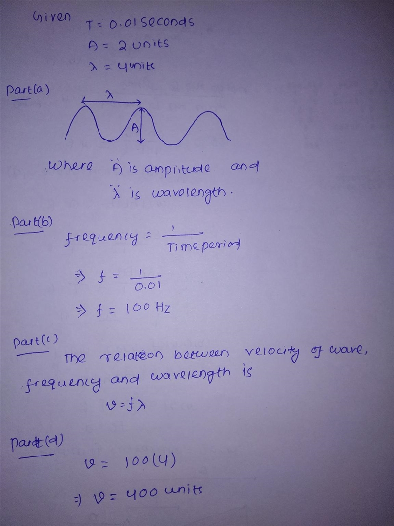 Question: A wave has a period of 0.01 seconds, an amplitude of 2 units and a wavelength-example-1