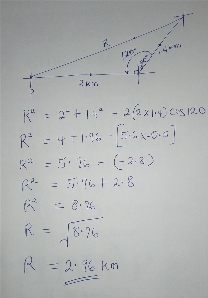 A hiker starts at point P and walks 2.0 km due east and then walks at an angle of-example-1