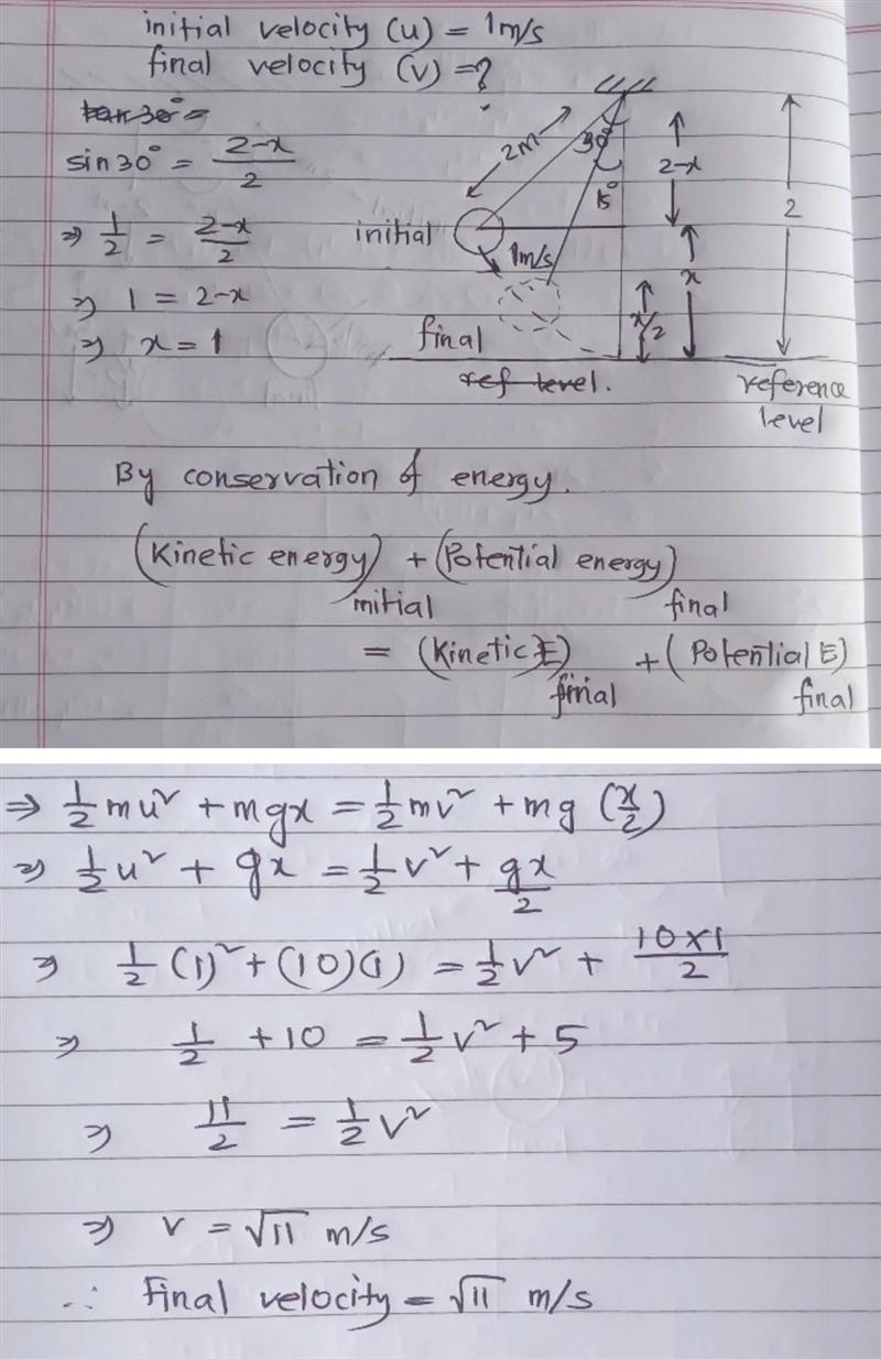 A pendulum 2m long is released at 30 degree from vertical. If it has initial velocity-example-1