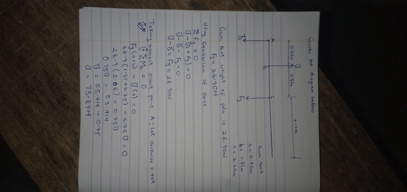 A vaulter holds a 26.90-N pole in equilibrium by exerting an upward force U with her-example-1