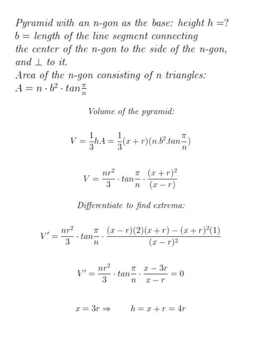 Given a sphere with radius r, find the height of a pyramid of minimum volume whose-example-2