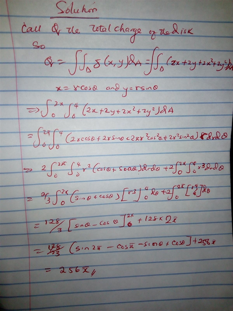 Electric charge is distributed over the disk x2 + y2 ≤ 4 so that the charge density-example-1