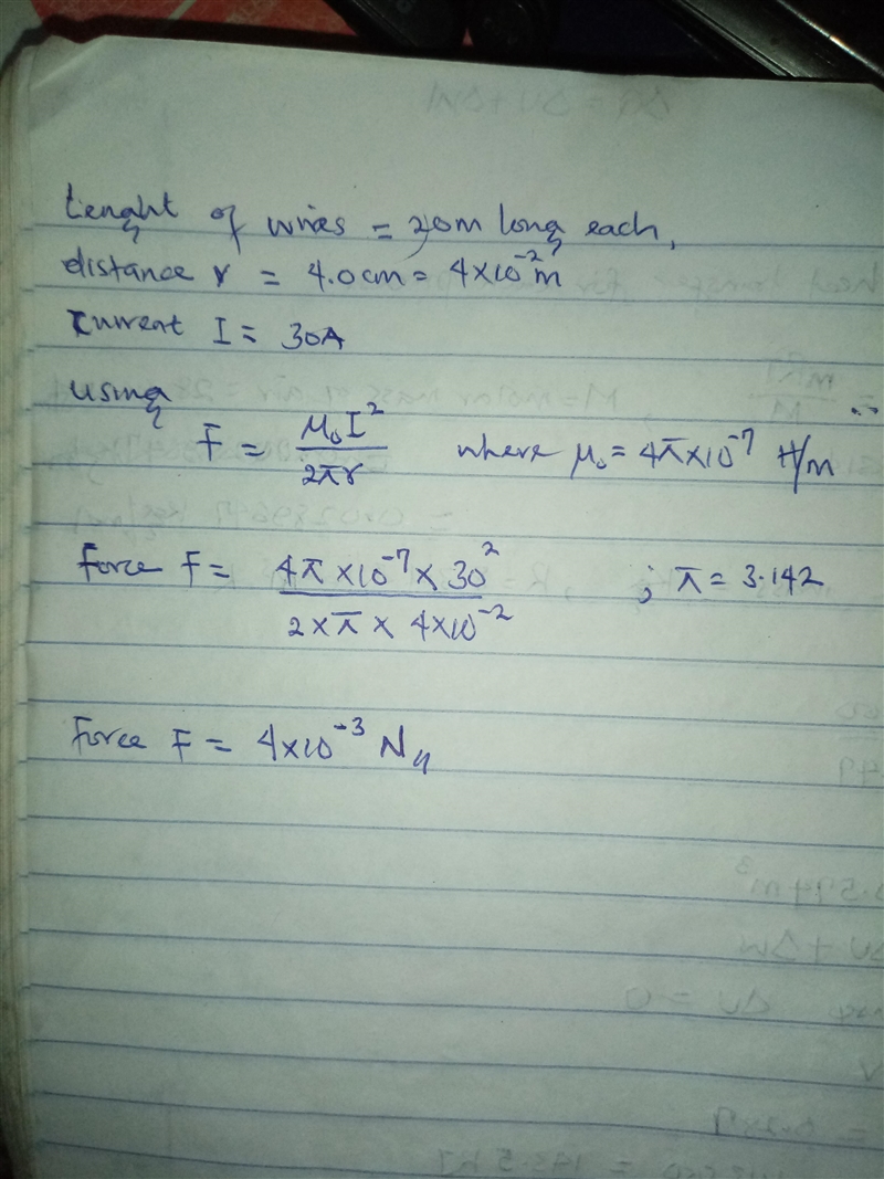 Determine the magnitude and direction of the force between two parallel wires 20m-example-1