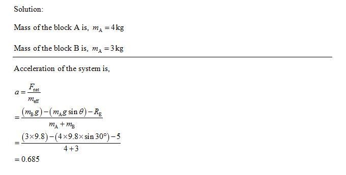 The mass of block A is 4 kg, the mass of block B is 3 kg, and the mass of the pulley-example-1