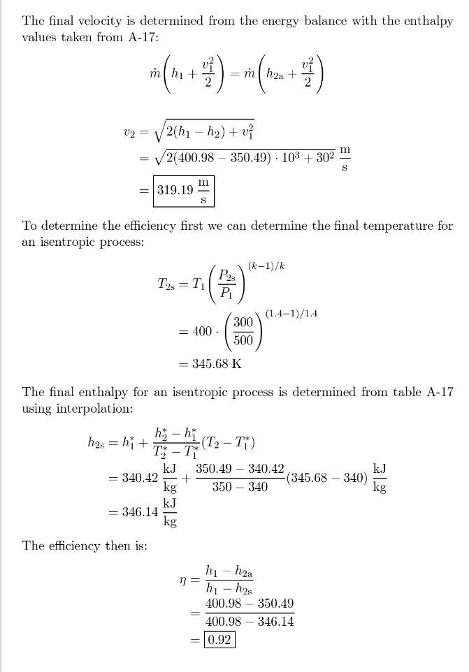 (30 points) Air at 500 kPa and 400 K enters an adiabatic nozzle at a velocity of 30 m-example-1