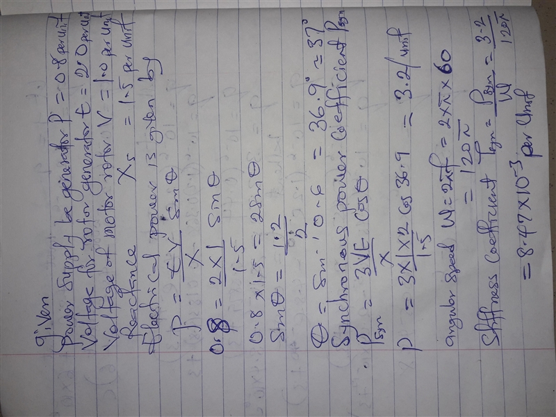 A round rotor 60 Hz synchronous generator has Eg = 2.0 per unit and Xs = 1.5 per unit-example-1