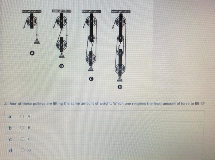 All four of these pulleys are lifting the same amount of weight. Which one requires-example-1