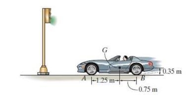 The sports car has a mass of 1.5 Mg Mg and a center of mass at G. Determine the shortest-example-1