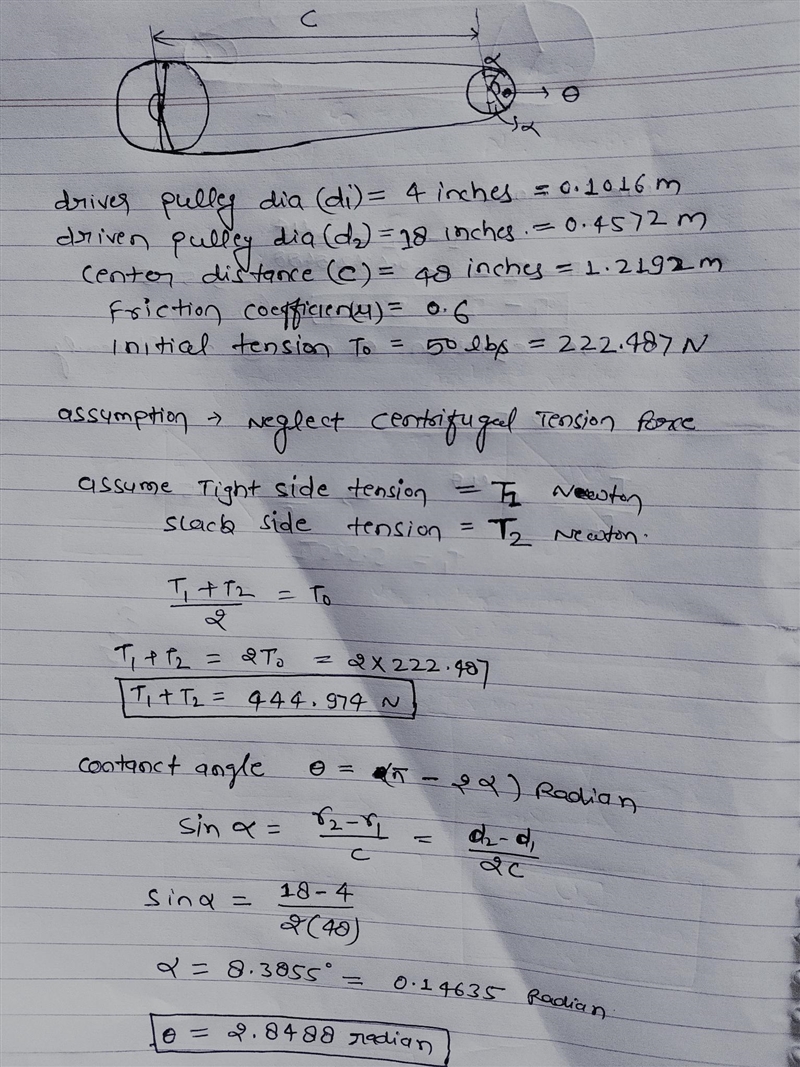 Problem 2: A flat belt is used with a driving pulley (diameter 4 inches) and a driven-example-1