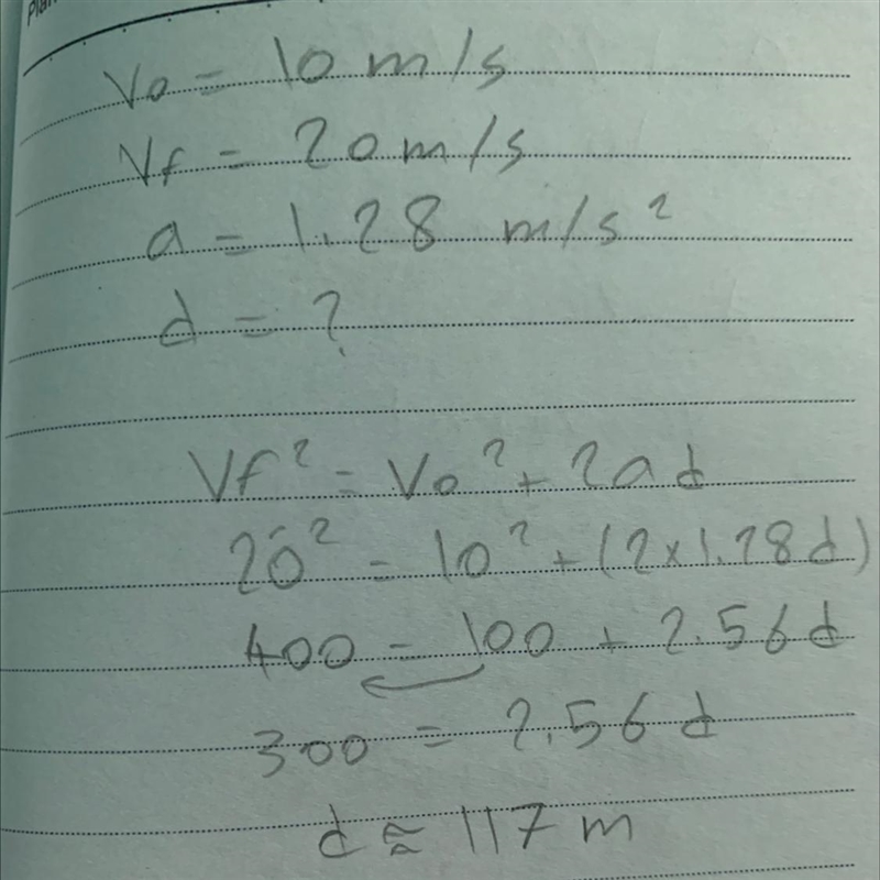 How far will a motorcycle that accelerates at 1.28 m/s2 travel as its velocity increases-example-1