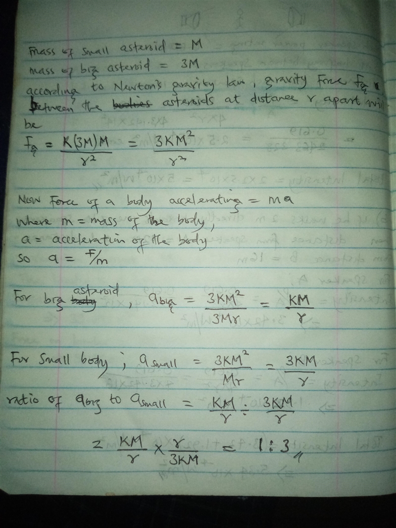 A small asteroid of mass M is near a big asteroid of mass 3M. There are no other gravitating-example-1