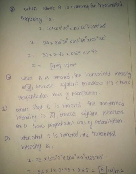 The drawing shows four sheets of polarizing material, each with its transmission axis-example-1