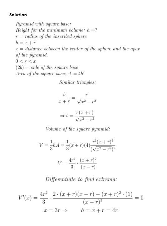 Given a sphere with radius r, find the height of a pyramid of minimum volume whose-example-1