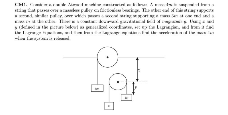 Consider a double Atwood machine constructed as follows: A mass 4m is suspended from-example-1