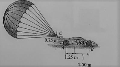 The dragster has a mass of 1.3 Mg and a center of mass at G. A parachute is attached-example-1