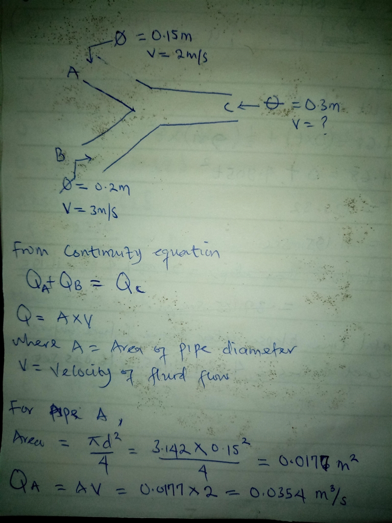 An incompressible fluid flows steadily through two pipes of diameter 0.15 m and 0.2 m-example-1