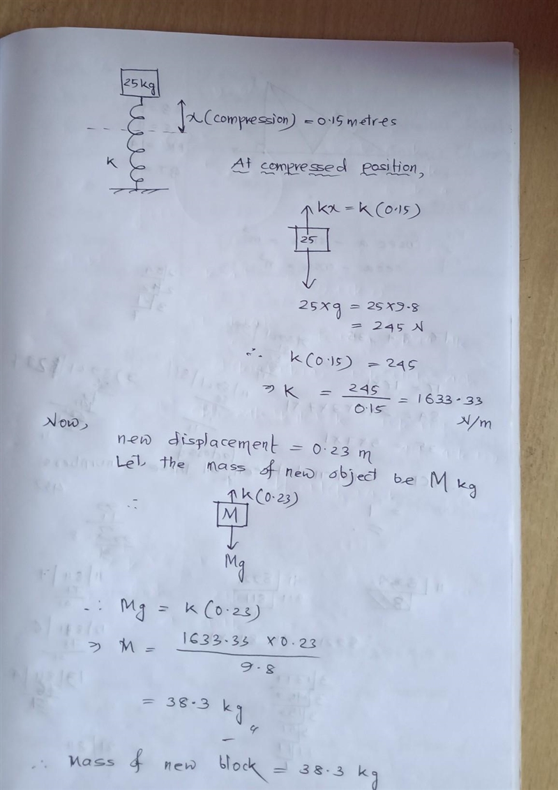 A 25-kilogram object is placed on a compression spring, and it creates a displacement-example-1