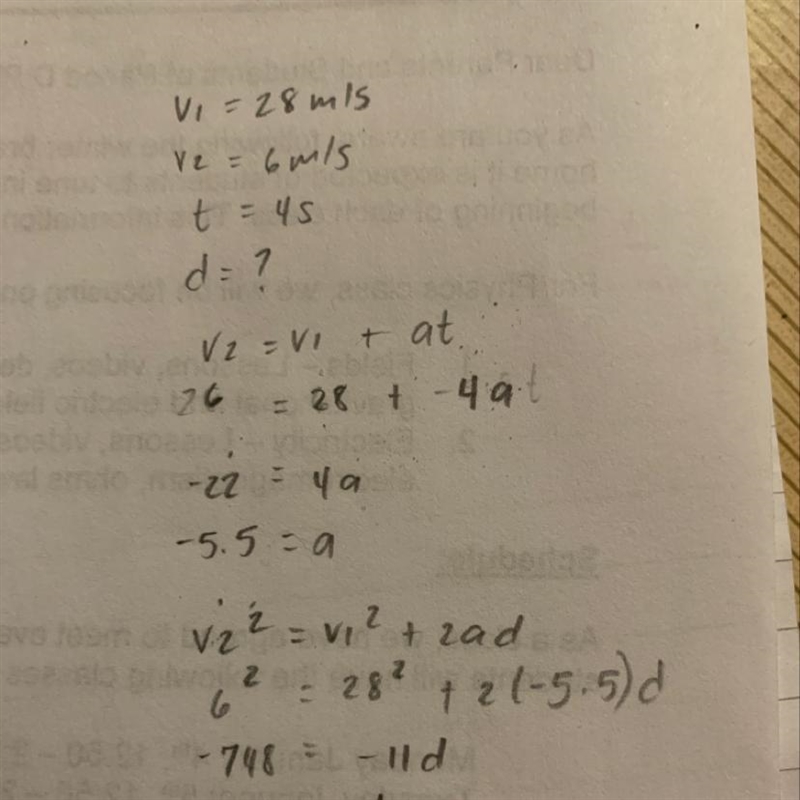 A train is traveling at 28 m/s. It slows to 6 m/s in 4 s. Calculate the distance the-example-1