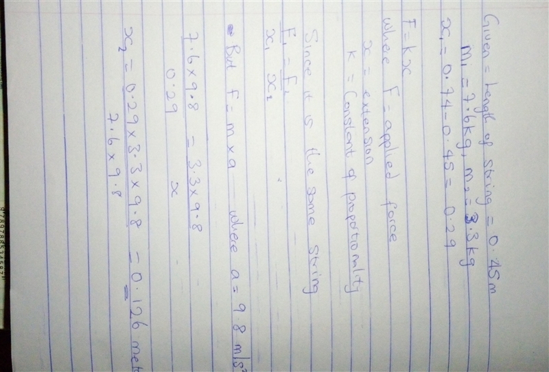 A spring hangs from the ceiling with an unstretched length of x0=0.45 m . A m1=7.9 kg-example-1