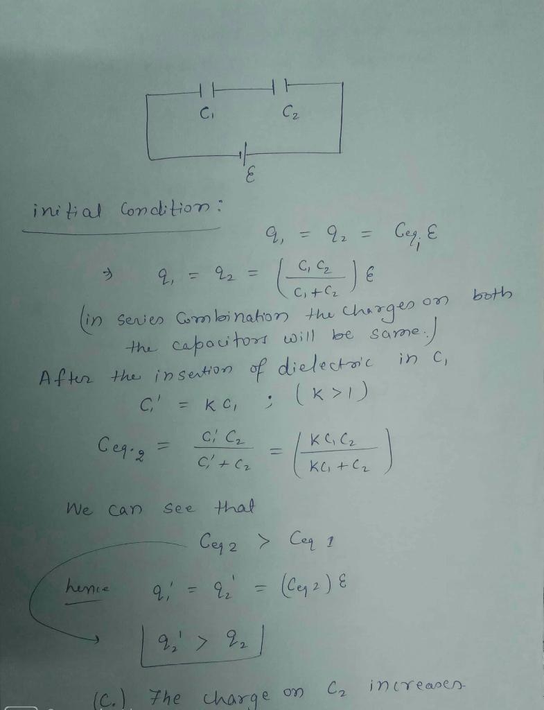 Two capacitors, C1 and C2, are connected in series across a source of potential difference-example-1