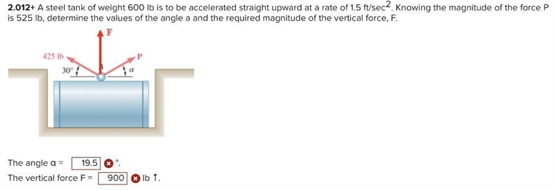 A steel tank of weight 600 lb is to be accelerated straight upward at a rate of 1.5 ft-example-1