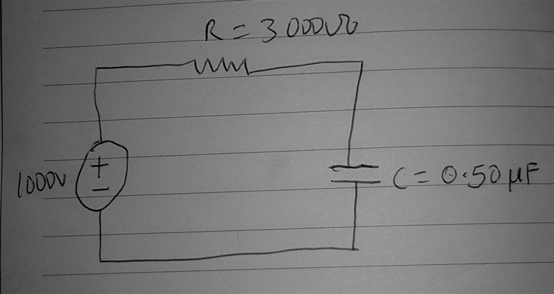 A 1 000-V battery, a 3 000-Ω resistor, and a 0.50-μF capacitor are connected in series-example-1