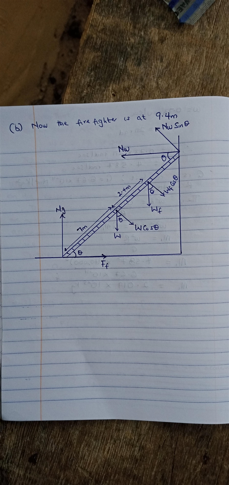 A 14.0 m uniform ladder weighing 490 N rests against a frictionless wall. The ladder-example-1