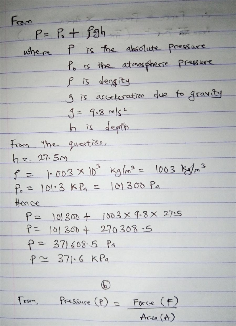 (a) Calculate the absolute pressure at the bottom of a fresh- water lake at a depth-example-1