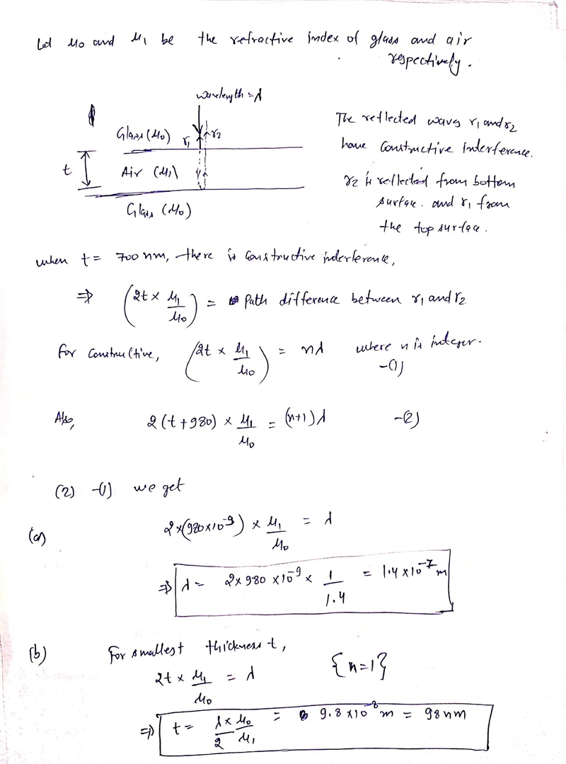 Two identical horizontal sheets of glass have a thin film of air of thickness t between-example-1