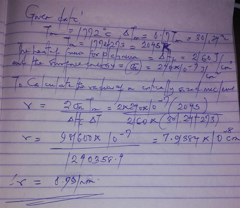 Calculate the size (radius) of the critically sized nucleus for pure platinum which-example-1