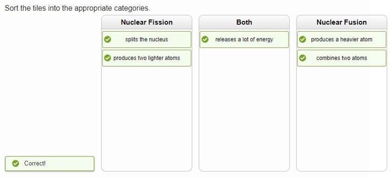 Sort the tiles into the appropriate categories releases a lot of energy Nuclear Fission-example-1