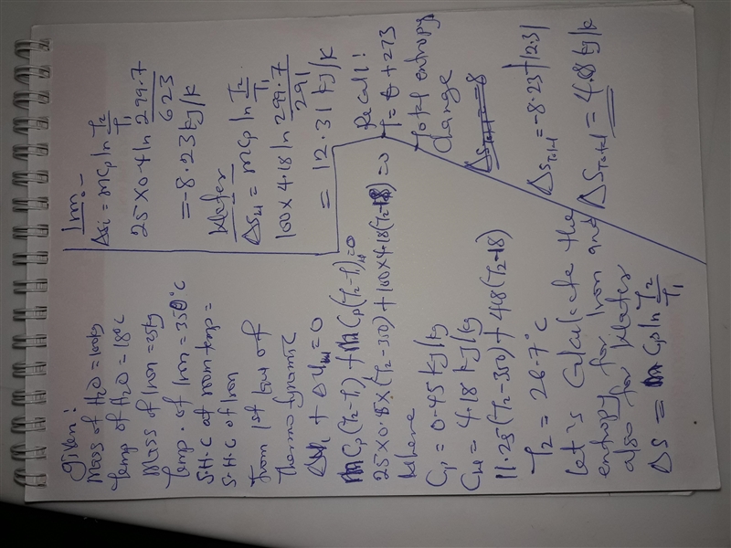 A 25-kg iron block initially at 350oC is quenched in an insulated tank that c ontains-example-1