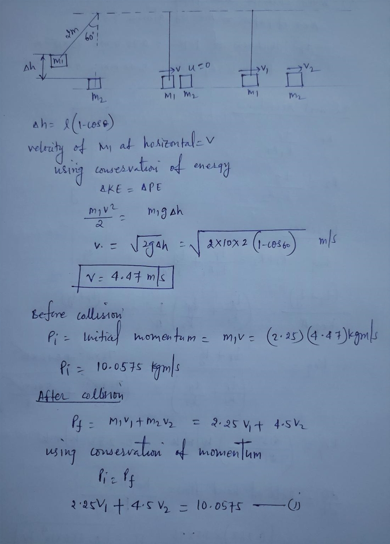 Mass M1 = 2.25 kg is at the end of a rope that is 2.00 m in length. The initial angle-example-1