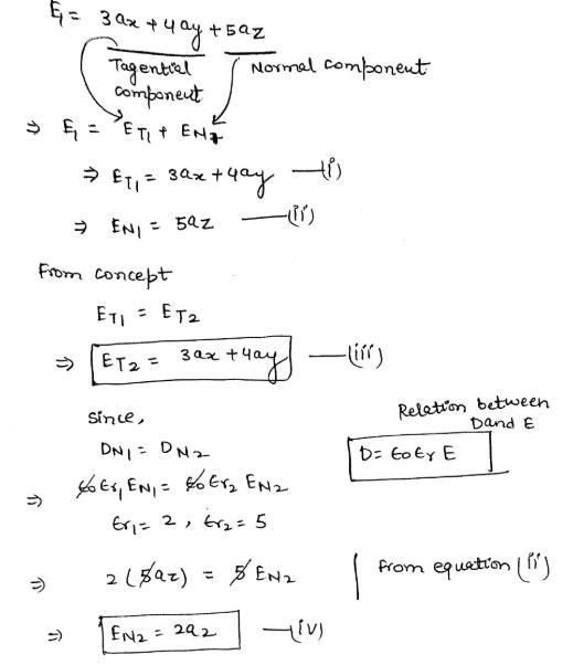 Consider the field E1 in the dielectric on the left of this interface. E1= 3ax+4ay-example-2