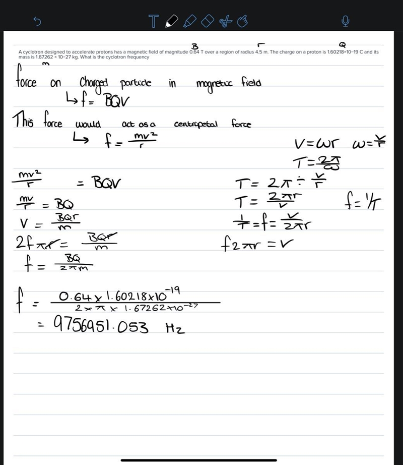 A cyclotron designed to accelerate protons has a magnetic field of magnitude 0.64 T-example-1