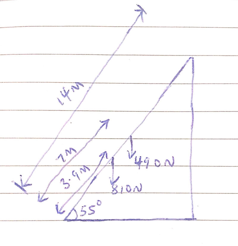 A 14.0 m uniform ladder weighing 490 N rests against a frictionless wall. The ladder-example-1