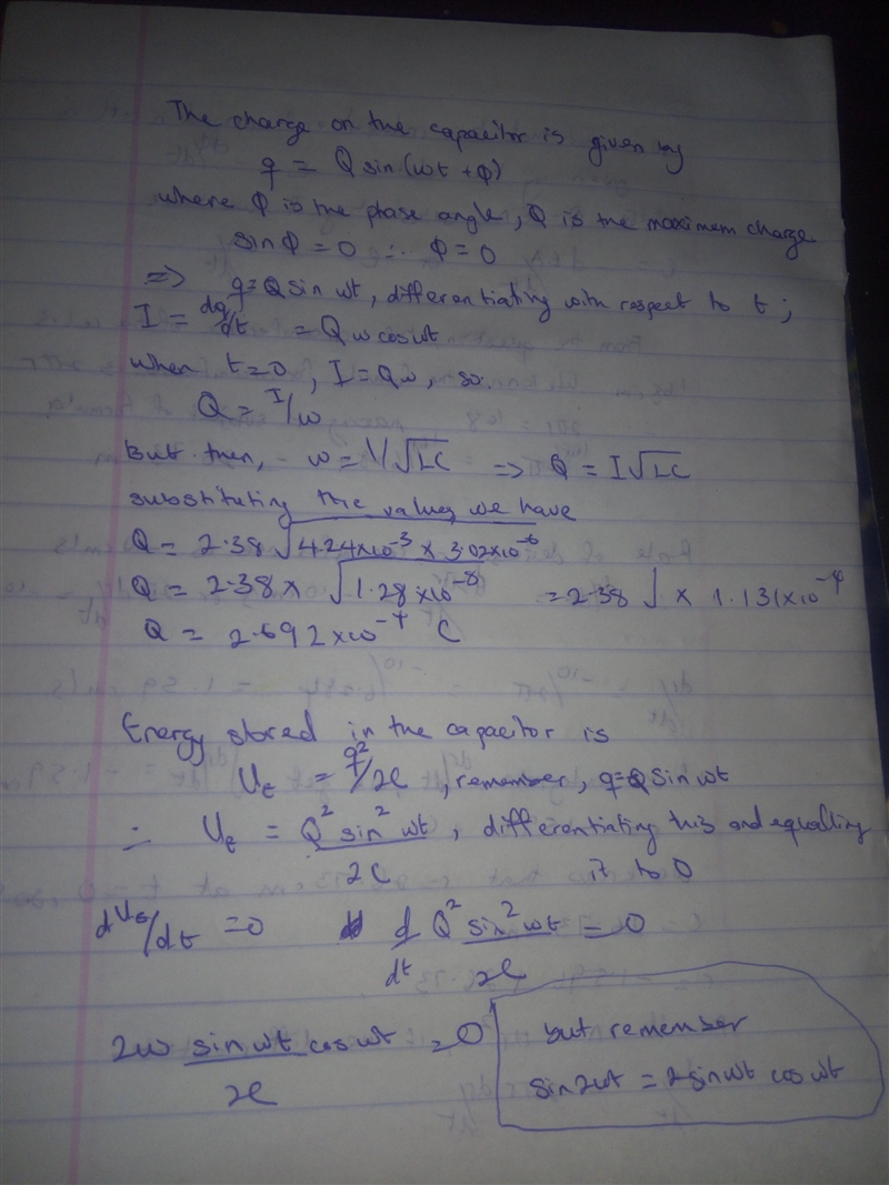 In an oscillating LC circuit, L = 4.24 mH and C = 3.02 μF. At t = 0 the charge on-example-1