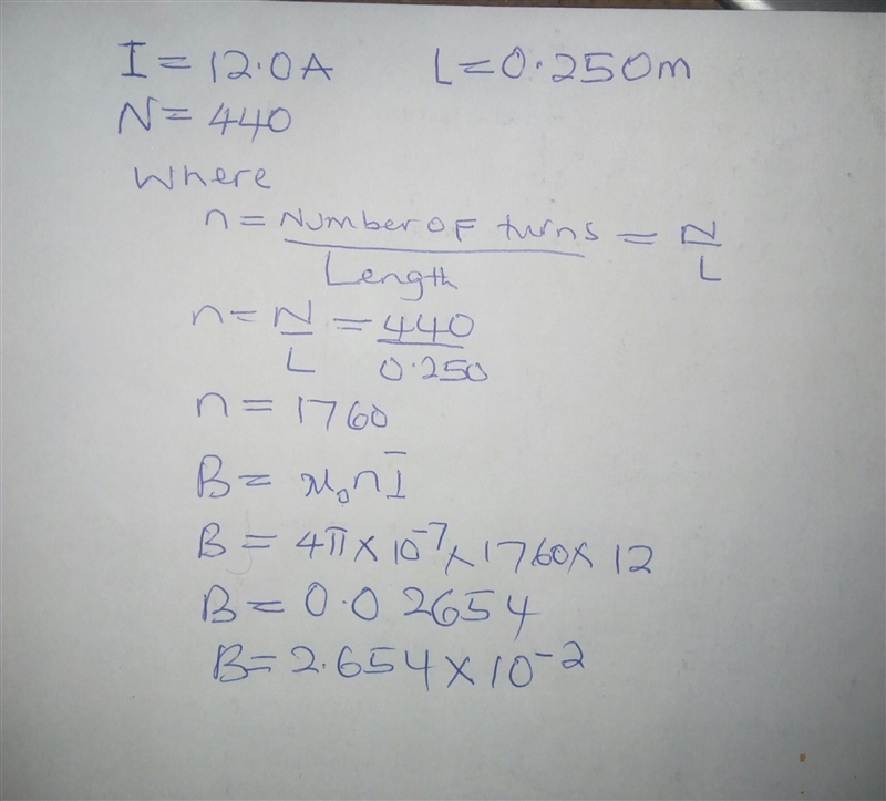 A solenoid of length 0.250 m and radius 0.0250 m is comprised of 440 turns of wire-example-1