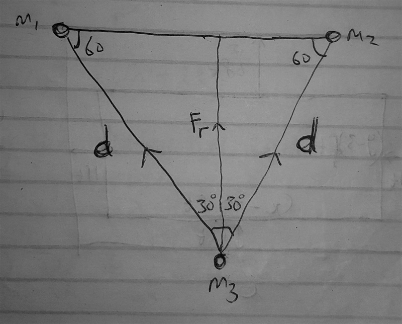 Three uniform spheres are located at the corners of an equilateral triangle. Each-example-1