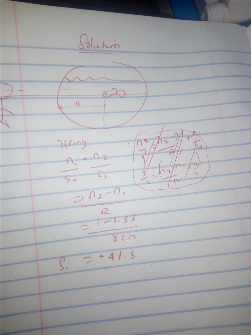 A goldfish bowl is spherical, 8.0 cm in radius. A goldfish is swimming 3.0 cm from-example-1