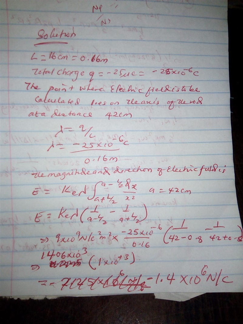 A rod 16.0 cm long is uniformly charged and has a total charge of -25.0 µC. Determine-example-1