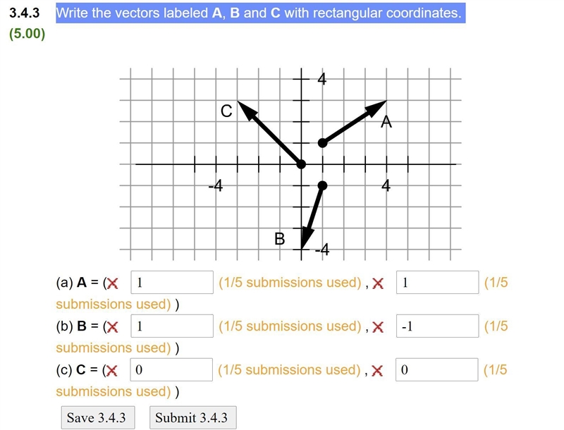 Write the vectors labeled A, B and C with rectangular coordinates.-example-1