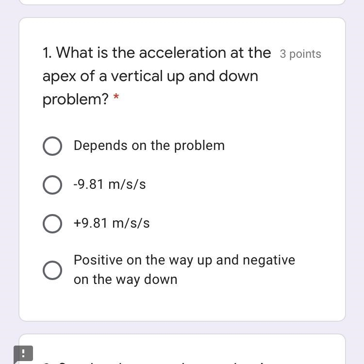 What is the acceleration at the apex of a vertical up and down problem?-example-1